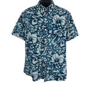 Kennington Mens Hawaiian Short Sleeve Shirt Large Blue White Floral Cotton EUC